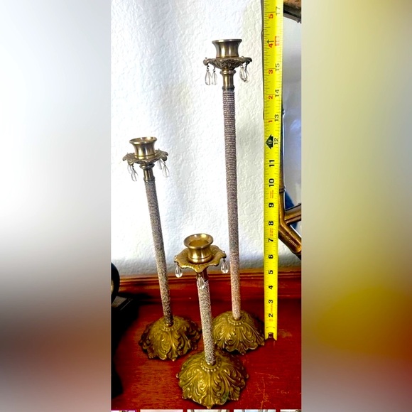 3 brass candle holders with crystal beading and crystal dangles - Picture 3 of 12